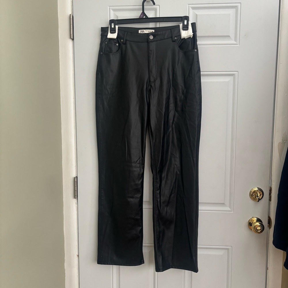 Zara Black Faux Leather Tailored Wide Leg Pants, Size 10 - Picture 1 of 11